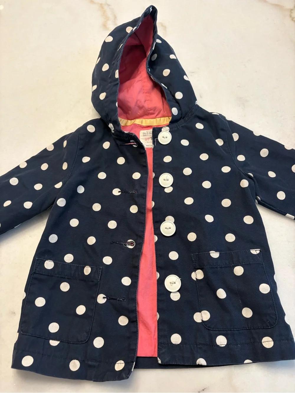 Old Navy Navy Polka Dot Hooded Raincoat with Pink Lining